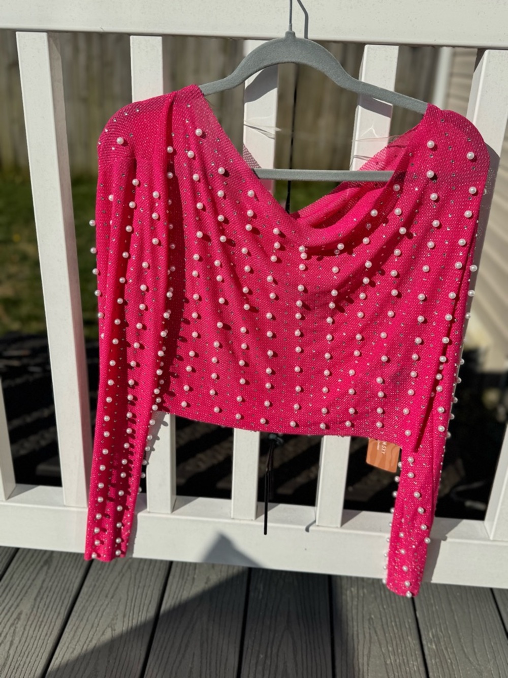 SHEIN Hot Pink Pearl-Embellished Knit Crop Sweater